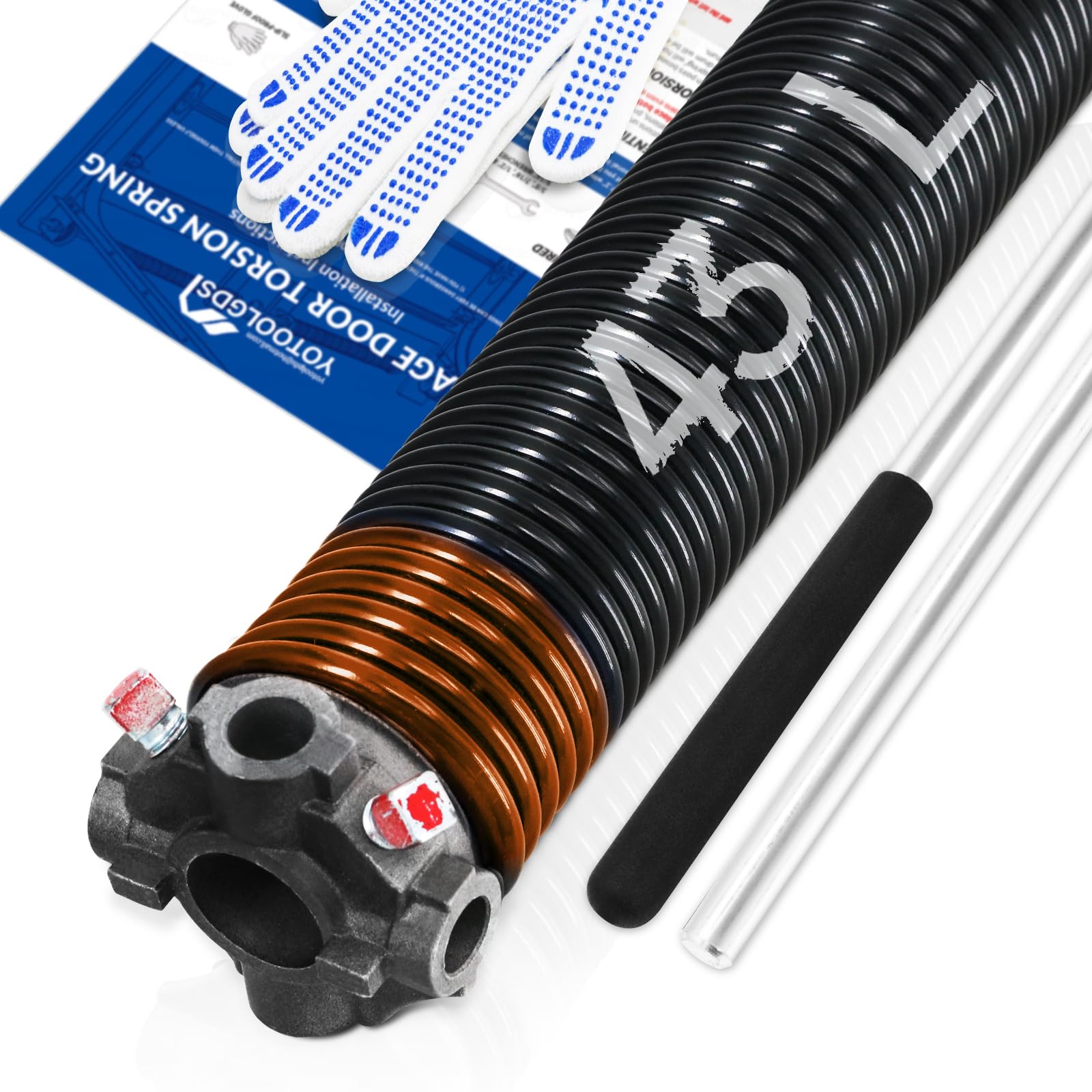 Left Hand Wind?Black Cone?2" Garage Door Torsion Spring with Non-Slip Winding Bars & Gloves, High Precision Electrophoresis Black Coated, for Replacement, MIN 16,000 Cycles (0.273x2''x43'')