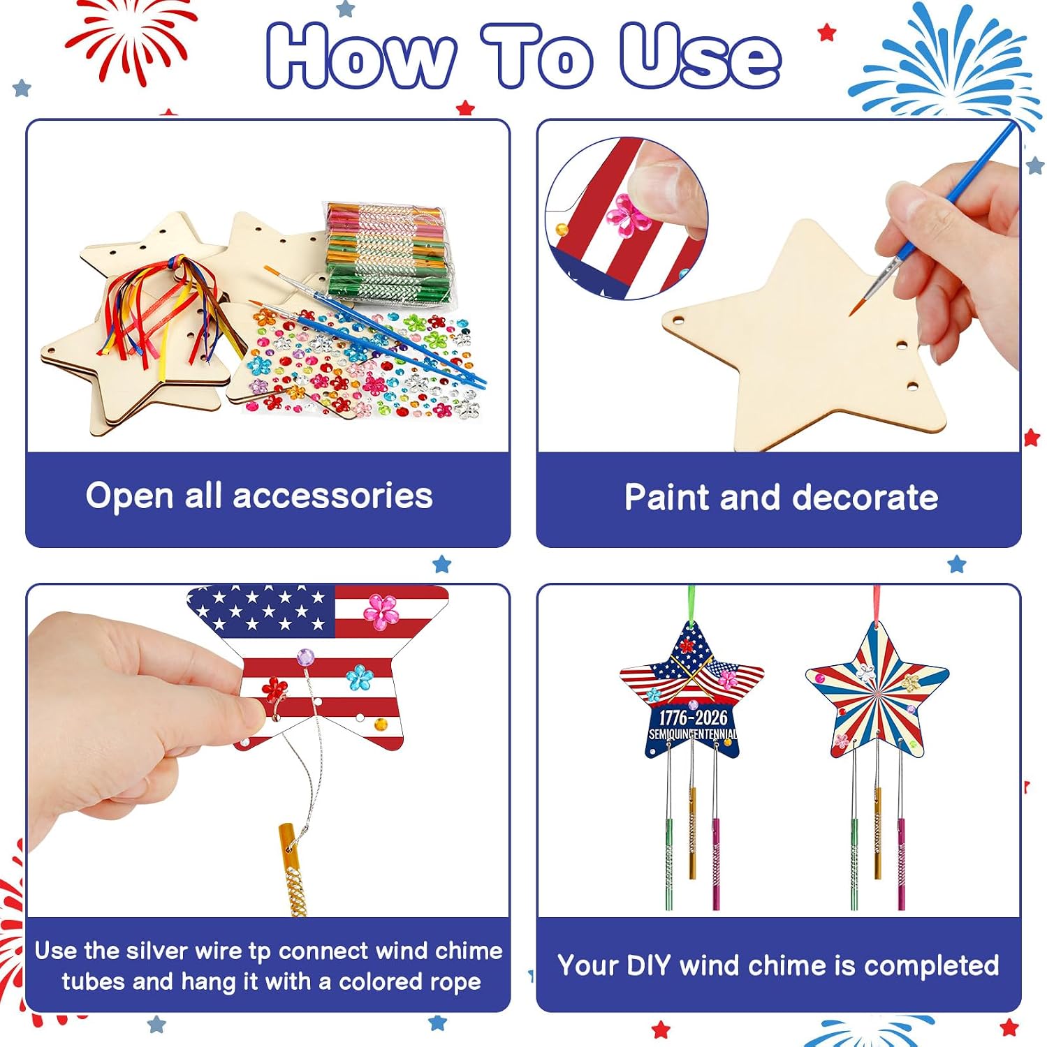 Fennoral 9 Pack 4th of July Wind Chime Kit for Kids Make Your Own Star Wind Chime for Girls Boys DIY Coloring Craft for 250th Anniversary USA Independence Day Ornaments 4th of July Party Art Activity