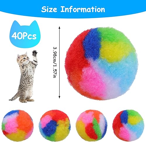 Miniatura 2 de 40 bolas de peluche suave para gatos de 1.7 pulgadas, pompón arcoíris para gatos, bolas de juguete mullidas para gatitos persecución de hilo para