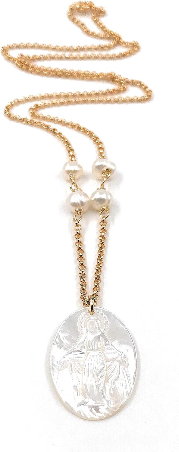 SIFRIMANIA Catholic Religious Necklace with Freshwater Pearls and Mother of Pearl Virgin Mary Pendant - Image 4