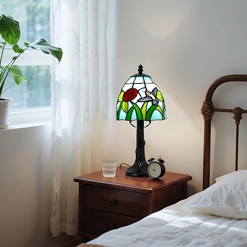 Miniatura 2 de Lámpara de mesa estilo Tiffany  Lámparas de mesa de cristal de 6 pulgadas con colibrí y flor, lámpara de noche estilo Tiffany vintage, pequeña luz