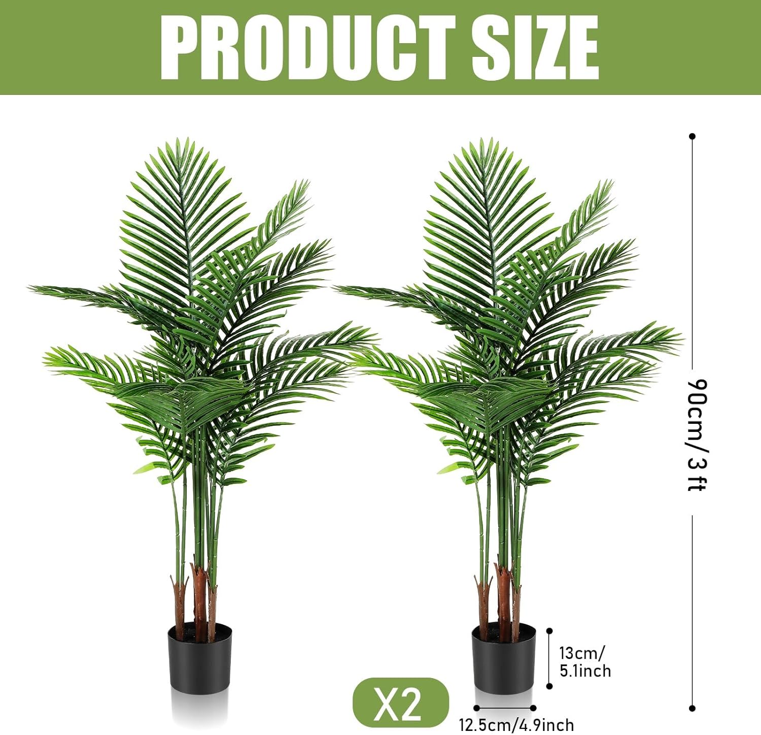 Jexine 2 Pack Artificial Palm Trees 3Ft, Fake Plants Fake Trees Artificial Areca Palm Plants for Outdoor Indoor Faux Tree in Pot for Pool Home Decor Office Housewarming Gift Modern Decoration