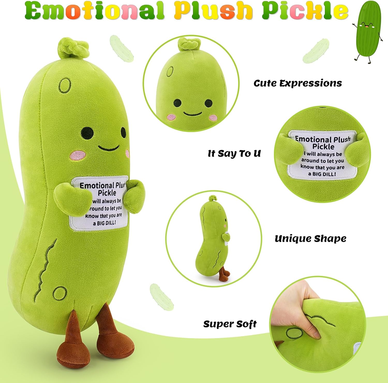 Emotional Plush Pickle,Pickle Stuffed Animal-12.6” Plushies Cucumber Stuffed Animal with Positive Warm Words,Kawaii Plush Toy Vegetable Plushie Pillow,Birthday Gift for Kid Adult - Image 3