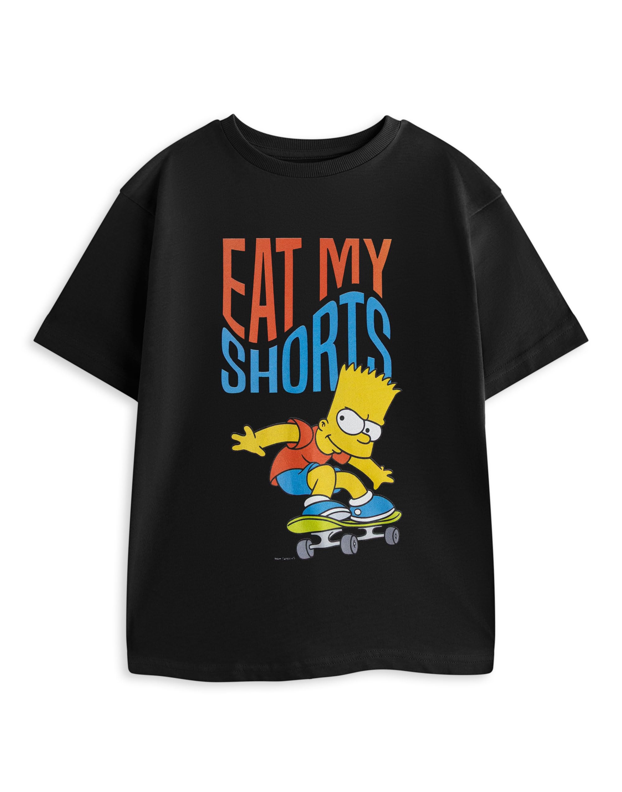 Vanilla Underground Boys Black The Simpsons Bart Simpson Graphic Tee | Eat My Shorts Chest Print Short Sleeve T-Shirt | Crew Neck Cartoon Top | Kids Television Merch