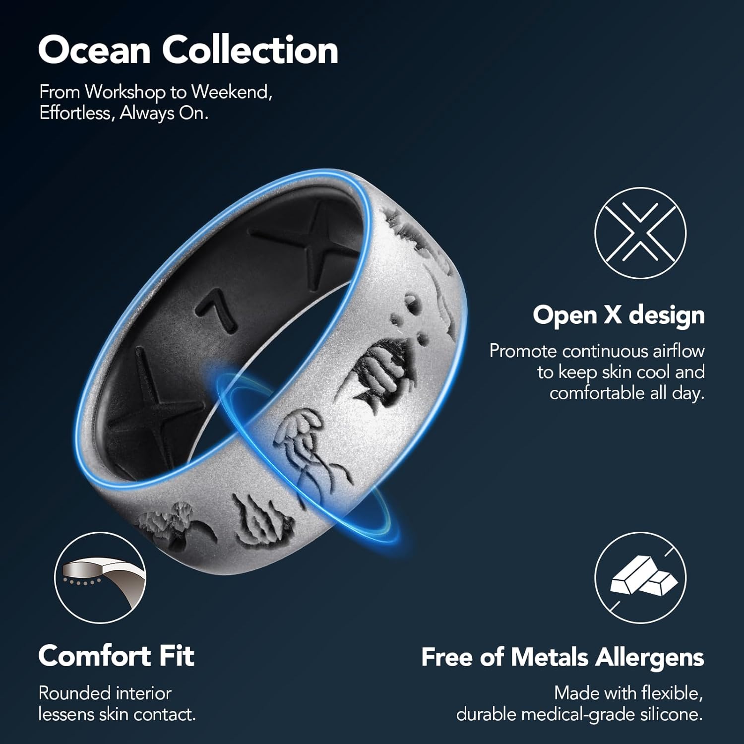 King Will Ocean Silicone Ring for Men Women, Breathable Silicone Wedding Band with Sea Turtle Fish Design, Flexible Rubber Ring Comfort Fit for Gym Work Outdoor