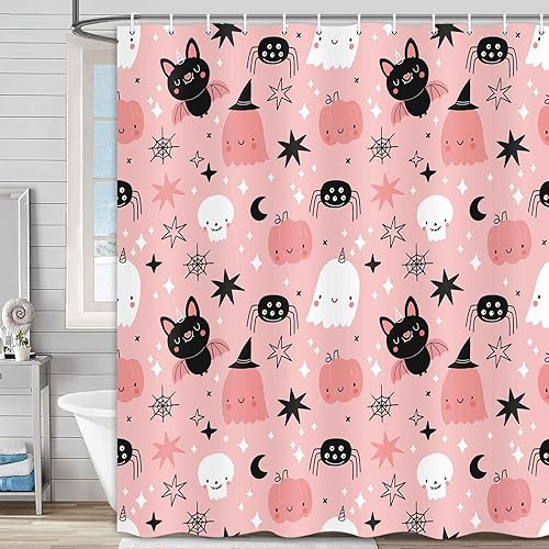 Miniatura 2 de Cortina de ducha de Halloween, lindos murciélagos, fantasma, calabaza, para baño, juego de cortina de ducha rosa, tela de poliéster, 72 x 72 pulgadas