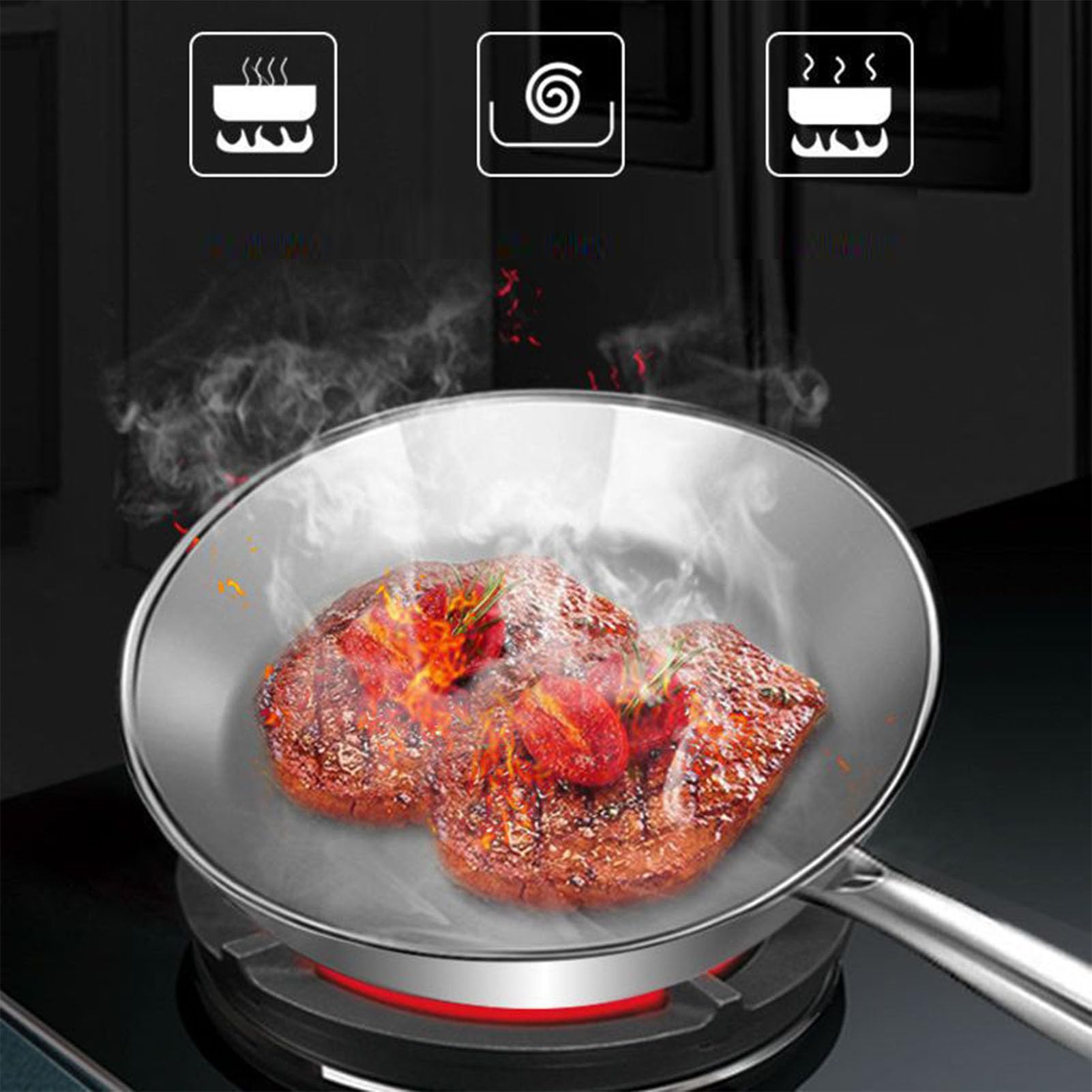 Nikou Sartén de acero inoxidable 316, revestimiento antiadherente, ideal para filetes, huevos, panqueques, cocina casera, 28 cm, resistente, color plateado