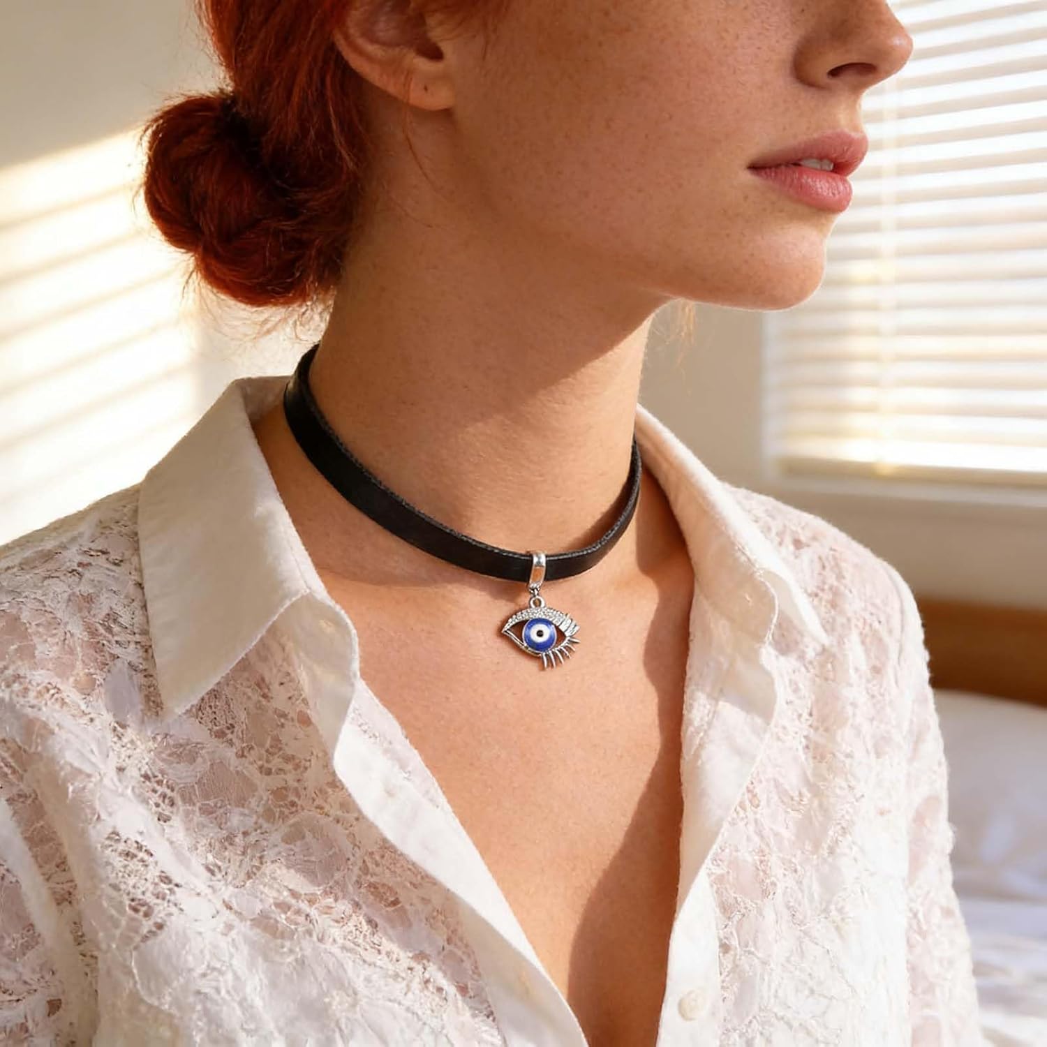 Bohemian Leather Crystal Evil Eye Choker Necklace Blue Cz Eye Pendant Necklace Black Leather Collar Necklace Rhinestone Devil Eye Necklace Jewelry for Women Gifts - Image 2