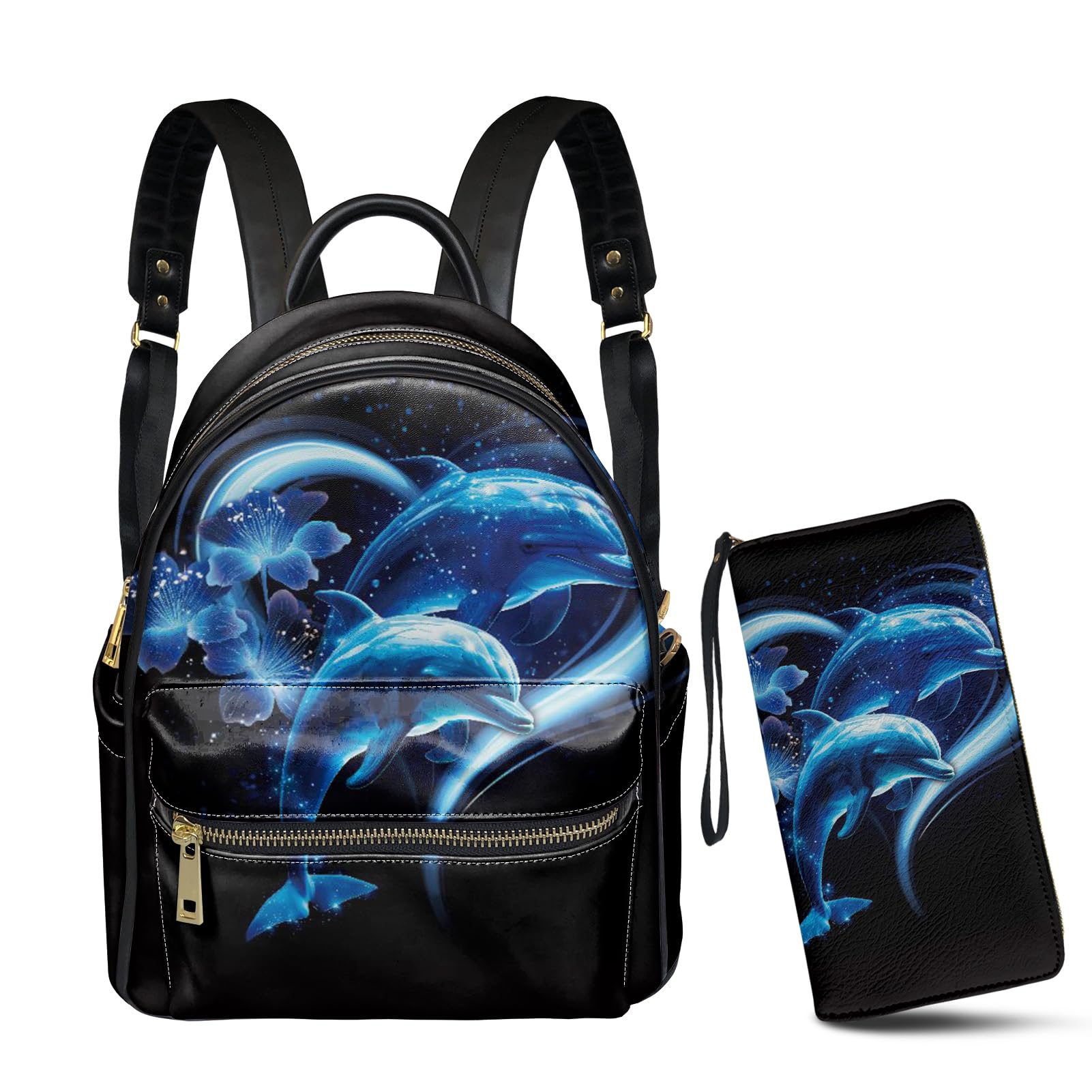 GLENLCWE Blue Dolphin Love Heart Women's Leather Backpack Purse with Matching Wallet,Mini Shoulder Daypack Zip Handbag Wallet Lightweight