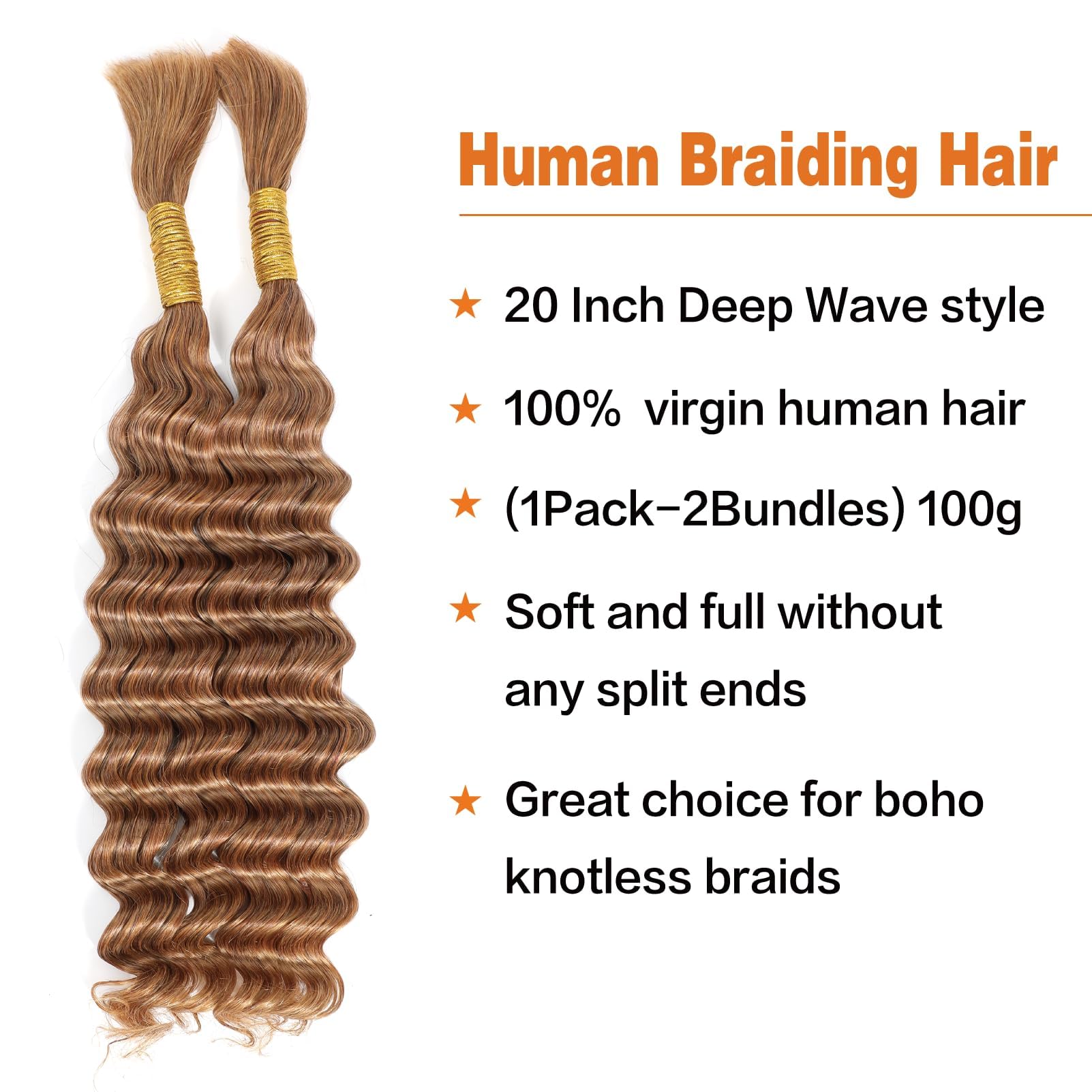 Humistwbiu Deep Wave Human Braiding Hair 100% Unprocessed Brazilian No Weft Bulk Human Hair for Braiding 20 Inch (100g, 27#) - Image 2