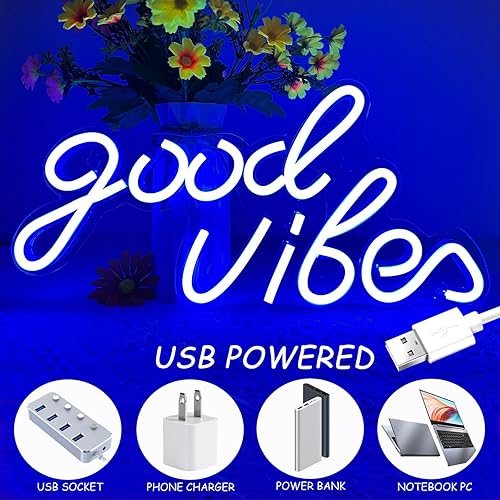 Miniatura 3 de Good Vibes - Letrero de neón LED para decoración de pared, luces de neón azules para dormitorio y fiesta, luz de neón brillante alimentada por USB