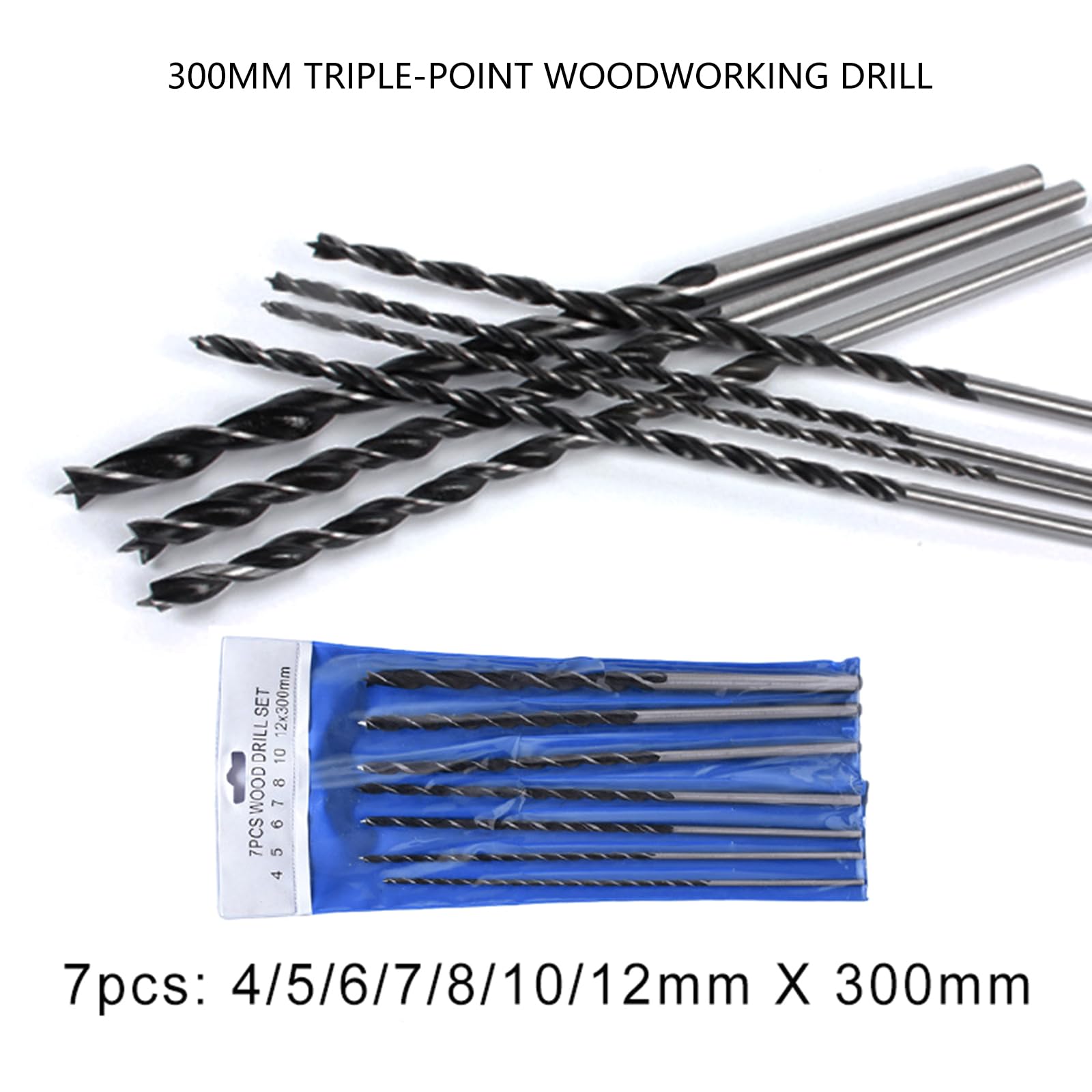 Lot de 7 forets à bois étendus de 4 à 12 mm, ensemble de tarières en acier au carbone pour contreplaqué, briques et coffrages, forets à bois longs pour bois dur à longue tige