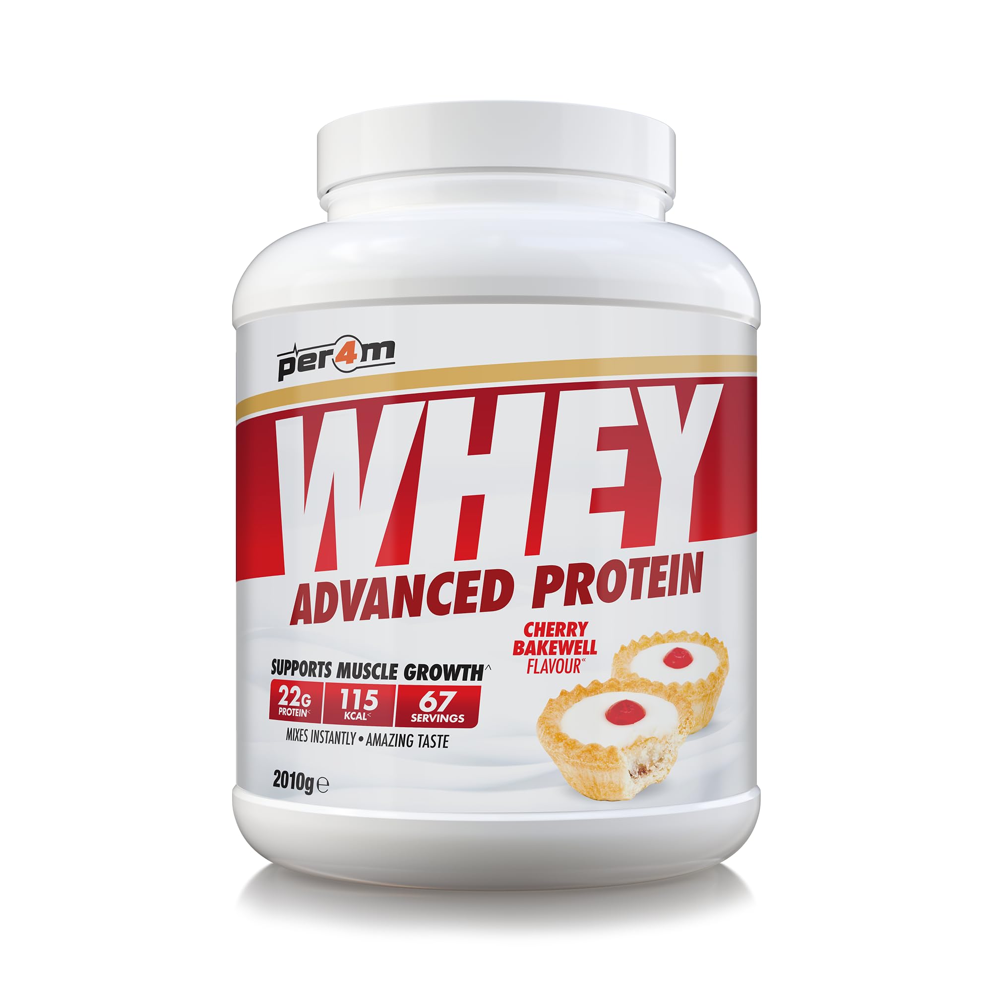 Per4m Whey Protein Powder | High Protein Shake for Muscle Growth & Recovery | Low Sugar Gym Supplement | Sports Nutrition Drink + Amino Acids (2010g, Cherry Bakewell)