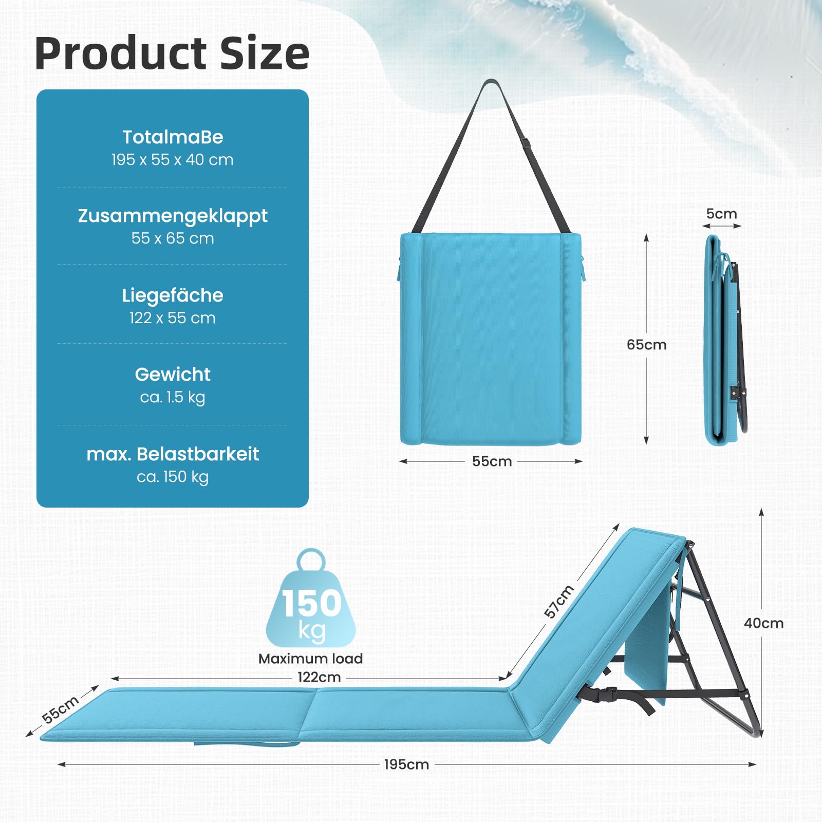 Amopatio Lot de 2 Tapis de Plage avec Dossier Réglable et Sangle – Chaise de Plage Pliable pour Plage, Jardin, Camping et Terrasse, Bleu