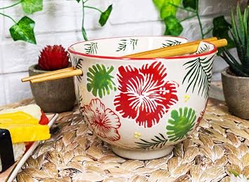 Ebros White Colorful Nectar Flowers Ramen Udong Noodles Ceramic Porcelain Bowl With Built In Chopsticks Rest and Bamboo Chopstick Set for Kitchen Dining Soup Rice Meal Bowls 1