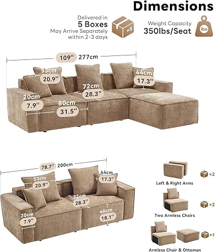 Miniatura 2 de WILLOVE Juego de sofá modular modular, sofá nube de felpilla con reposabrazos anchos y 8 almohadas, sofás de asiento profundo para sala de estar,
