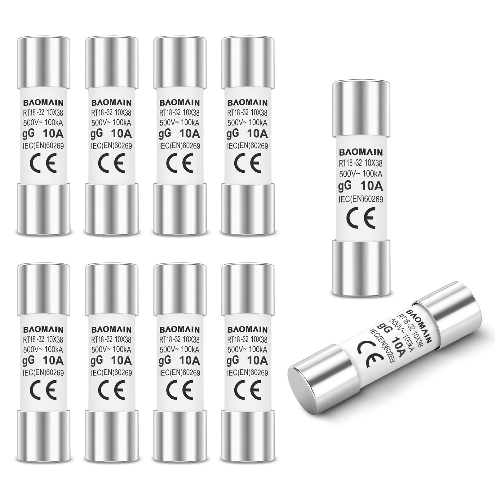 Baomain 10-Pack 10A Fuse Link, RT18-32 (RO15 RT14 RT19), Cylindrical Ceramic Tube 10x38mm 500V