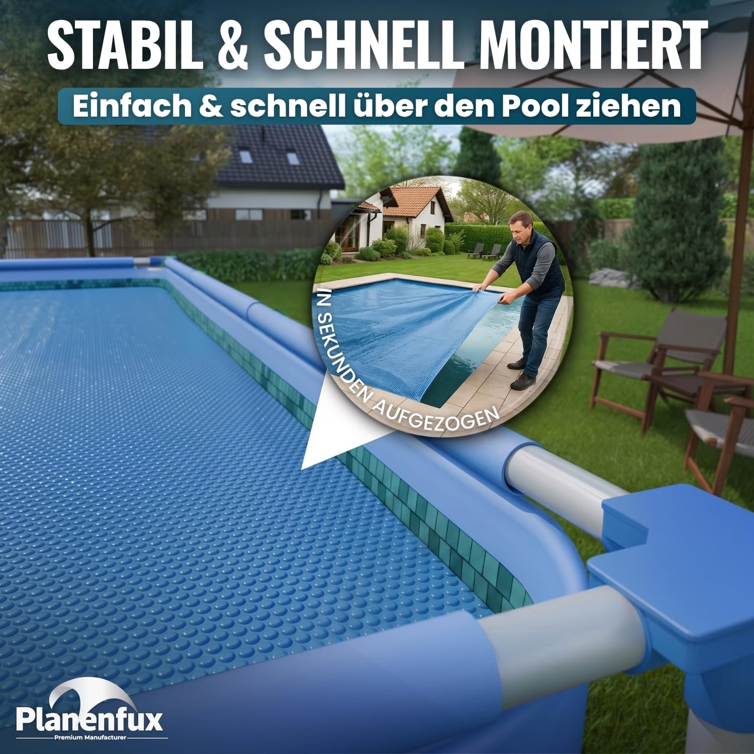 Planenfux® 400µm Solarplane Pool Rund 366cm inkl. Befestigung | UV, Chlor- & Salzwasser-Resistente Pool Solarfolie | Solarabdeckung | Individuell zuschneidbare Solarabdeckung zum Poolwasser erwärmen
