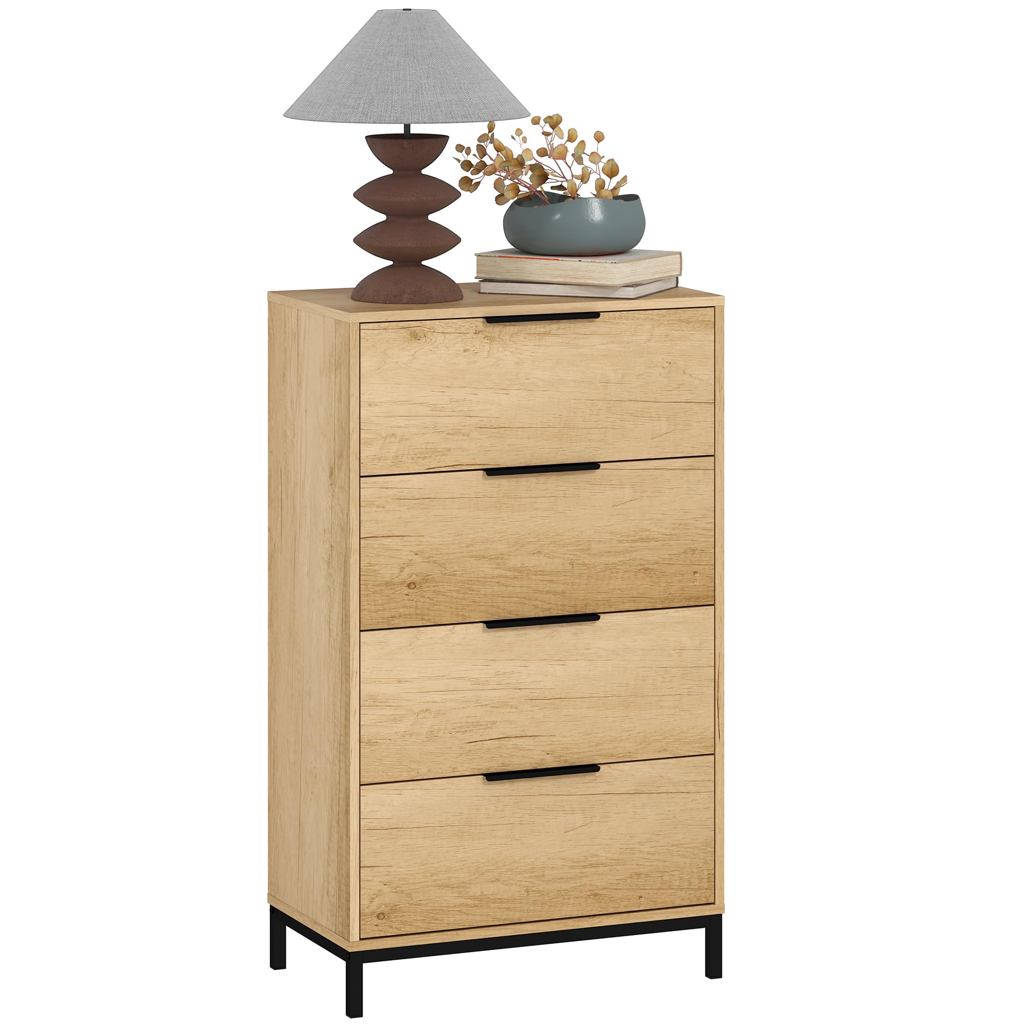HOMCOM Cómoda de 4 Cajones Alta con Tiradores Metálicos Cómoda para Dormitorio Cajonera Estrecha para Pasillo y Salón 62x35x105 cm Natural