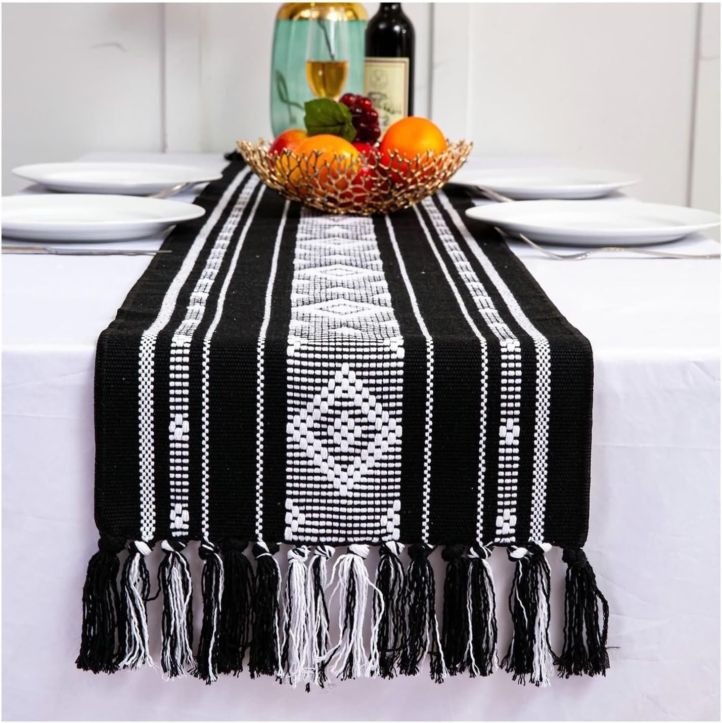 Coffee Table Runner Decorative,14" x 63",Braided with Tassels Runner Table Linen Table Runner Decoration Black