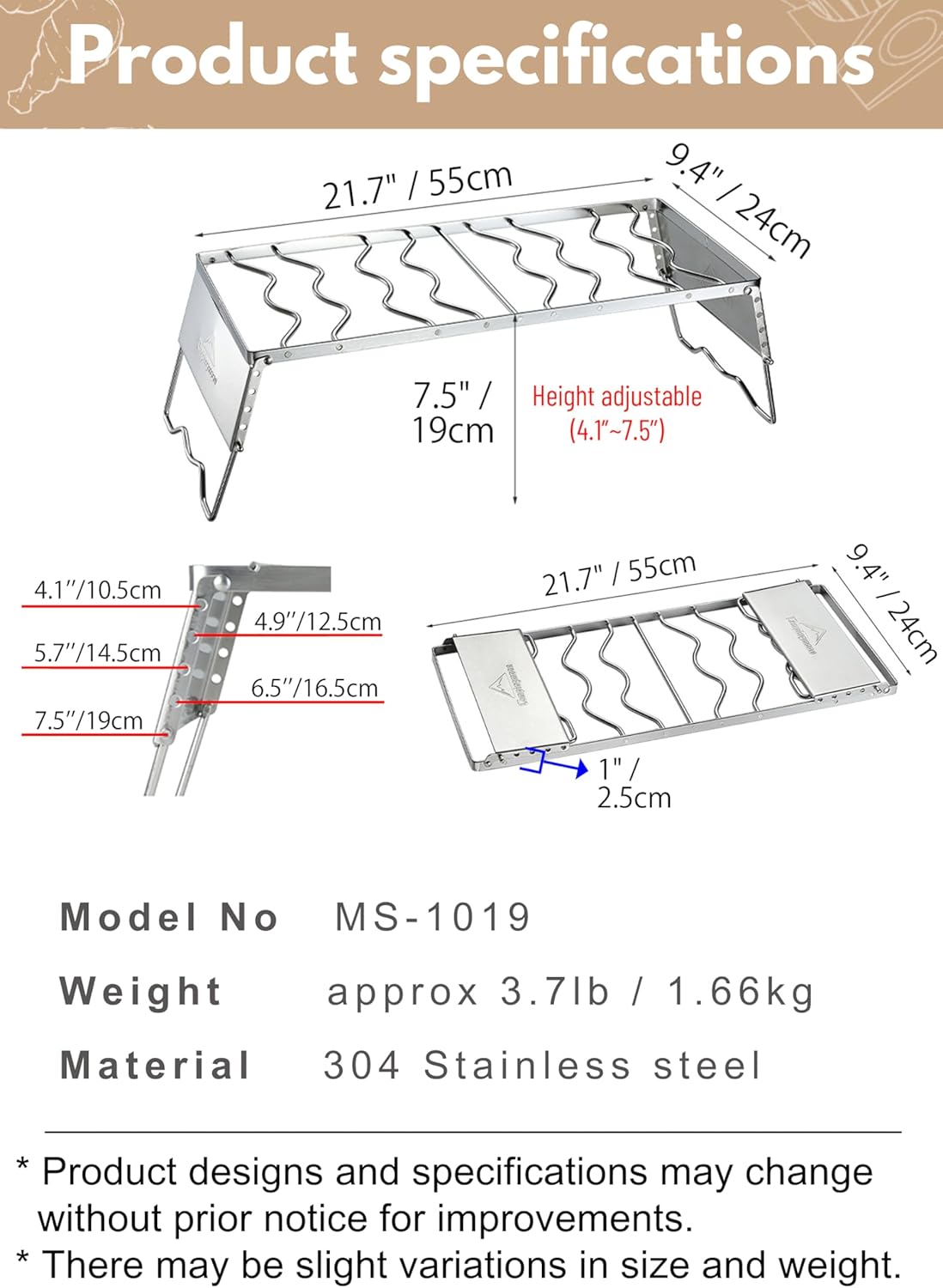 CAMPINGMOON Portable Campfire Grill with Windscreen Durable Stainless Steel Folding Legs Long hard type MS-1019