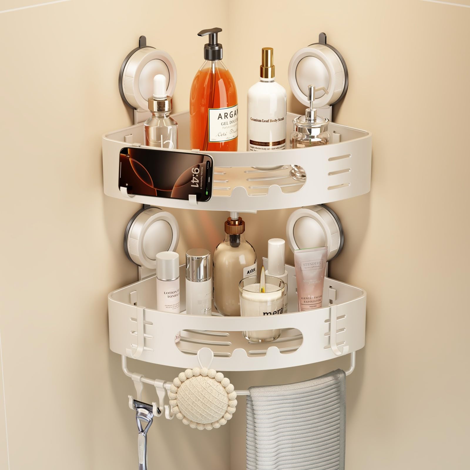 Voldra Corner Shower Caddy Suction Cup, Shower Shelf Coner No Drilling Bathroom Coner Shelves Aluminum Suction Shower Organiser Rack Adhesive Corner Caddy with Towel Bar Wall Mounted(2 Pack, White)