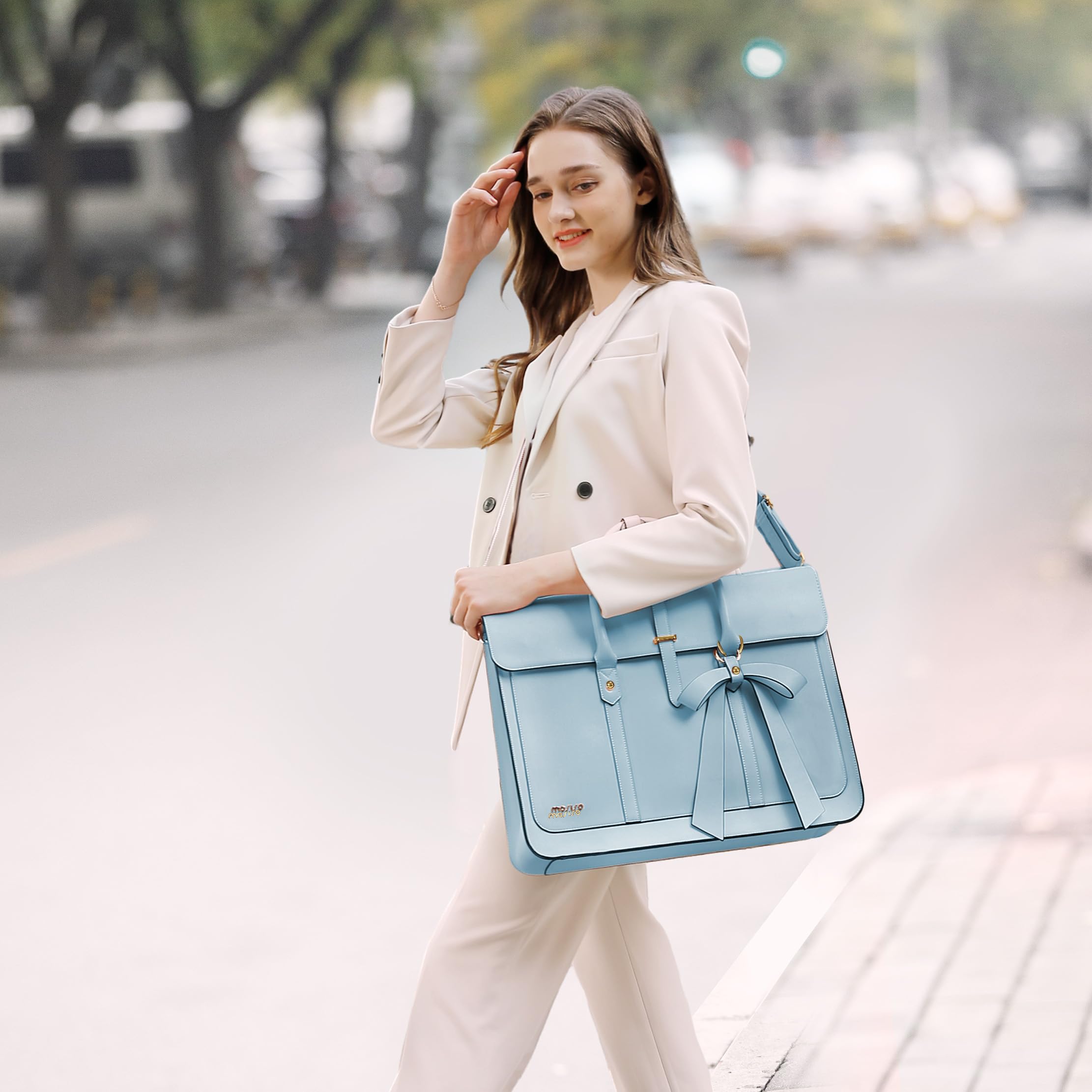 MOSISO 15.6 Inch Laptop Tote Bag For Women - PU Leather Waterproof Work Purse, Large Capacity Patchwork Stripe Design