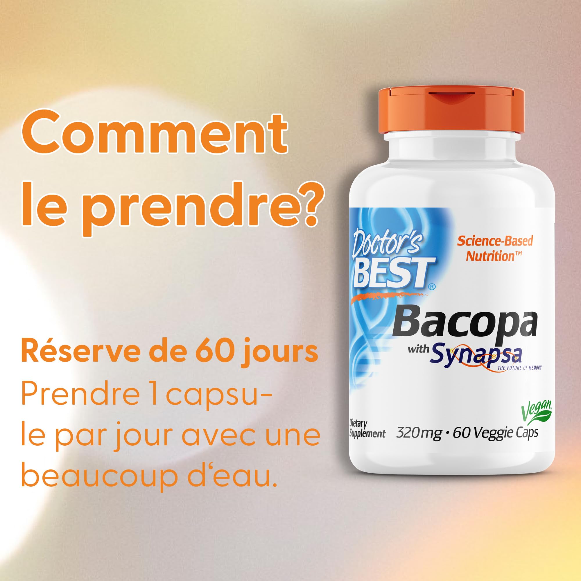 Doctor's Best Bacopa avec Synapsa, 320mg, 60 gélules Végétaliennes, Sans Gluten, Sans Soja, Végétarien