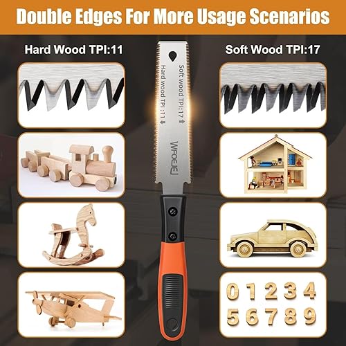 Japanese Hand Saw, 6-Inch Double-Edge Pull Saw, SK5 Flexible Blade,11/17 TPI Blade with Soft Grip Handle for Hardwood & Softwood Woodworking.