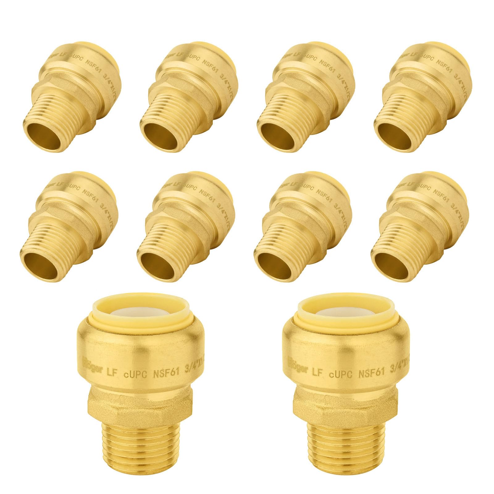 10 szt. złączek mosiężnych Foskan 3/4" Push-to-connect x 1/2" z gwintem zewnętrznym, do łączenia rur PEX, miedzianych, C, PE-RT, z zaciskiem rozłączającym do napraw hydraulicznych (PTC x MNPT)