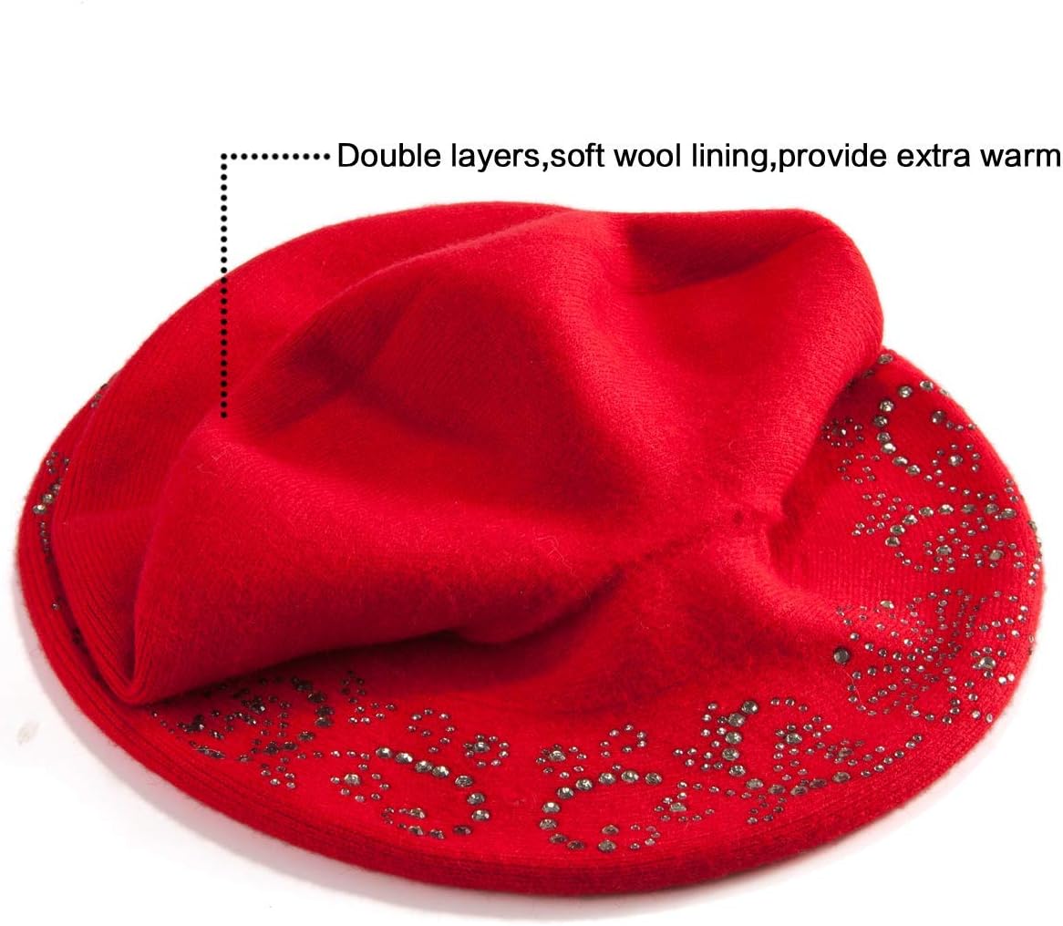 LADYBRO Rhinestone Beret Hats for Women 2 Layers Wool French Knit Cap Lady Winter Black - Image 3