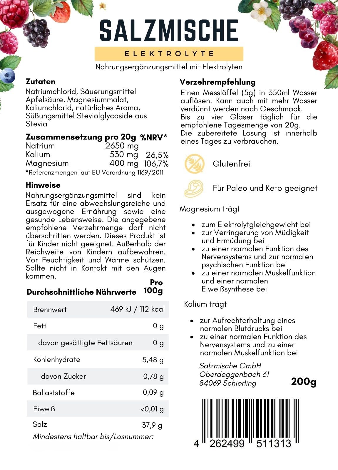 Elektrolyte ohne Zucker Waldbeere I Natrium Magnesium Kalium für erfrischendes Sport Getränk zur Unterstützung von Elektrolytbalance und Sport Hydration I fruchtige Mineralsalzmischung 200g