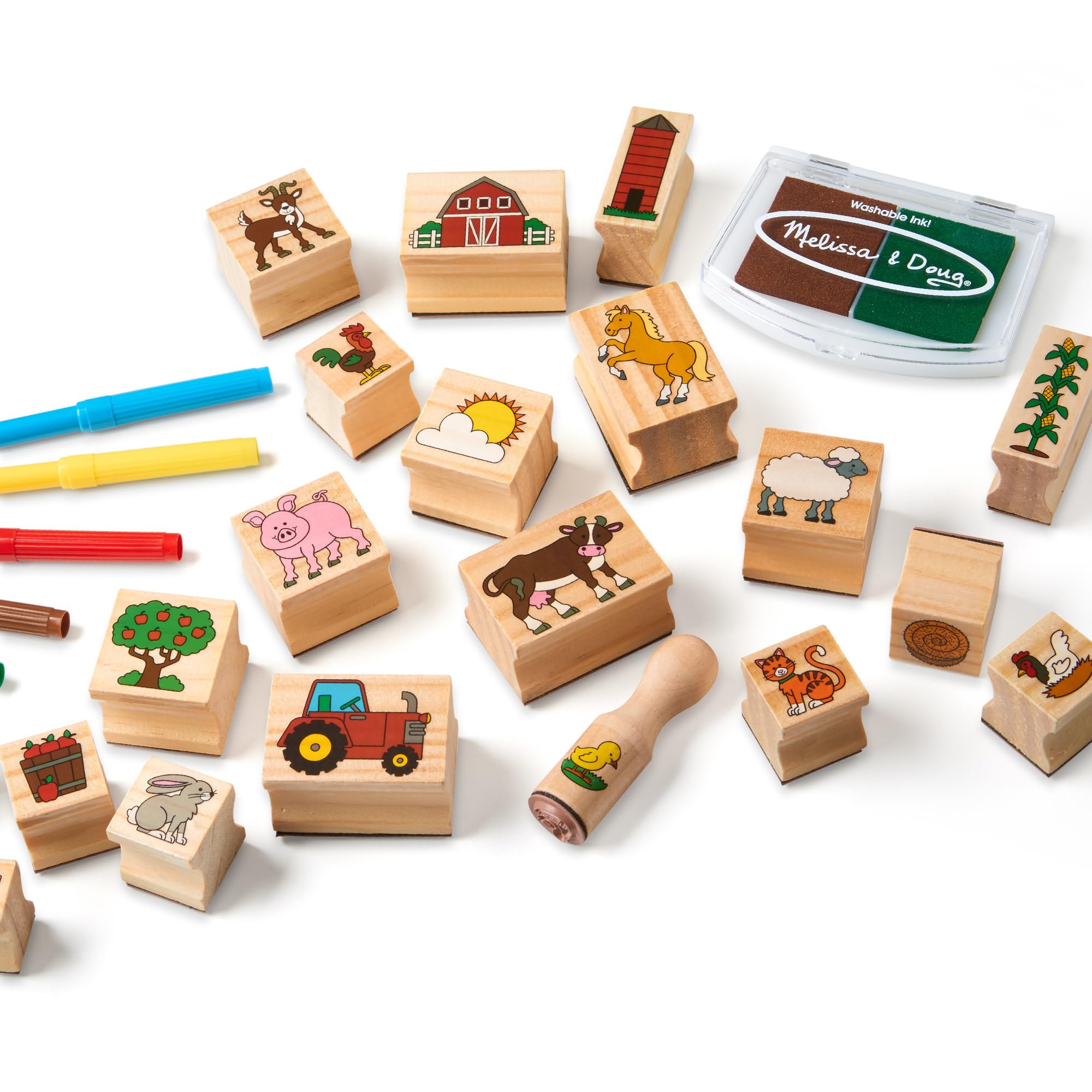 Melissa & Doug Jeu de timbres en bois La Ferme, Cadeau pour filles et garçons, 20 timbres, tampon d’encre, 5 crayons, Jouet créatif, Loisirs créatifs pour filles et garçons de 3 4 5 6 7 ans