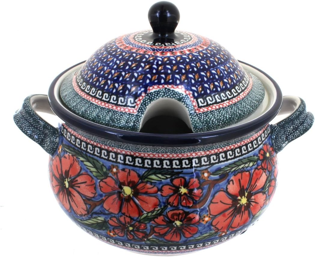 Blue Rose Polish Pottery - Red Jungle Flower Soup Tureen - 12.5 Cup Capacity - Hand-Painted Polish Pottery Soup Bowl with Lid