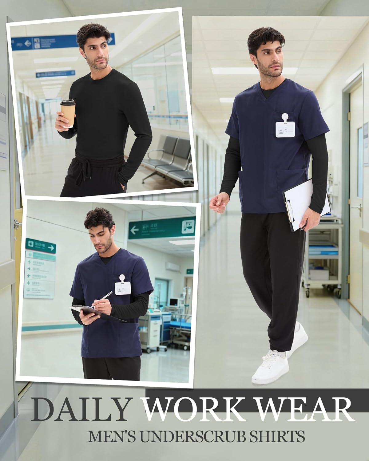 4 Pack Men's Long Sleeve Underscrub Shirts Nurse Crewneck Work Tops Stretchy Laying Undershirts Basic Tee - Image 6