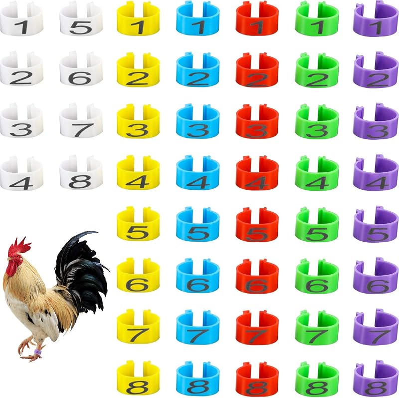 Weewooday 48 Pcs 16 mm Chicken Leg Bands Numbered Clip on Poultry Rings | For Chickens Turkey Duck Goose, Numbered 1-8 Flock Tracking, Multicolor Clip-on Reusable Poultry Identification Bracelets