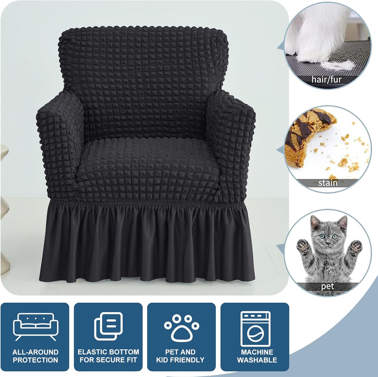 Stretch Seersucker Armchair Slipcovers with Skirt, 1-Piece Chair Cover with Arms, Soft Stretch Accent Chair Slipcovers, Non-Slip Washable Furniture Protector for Living Room Decor (Black)