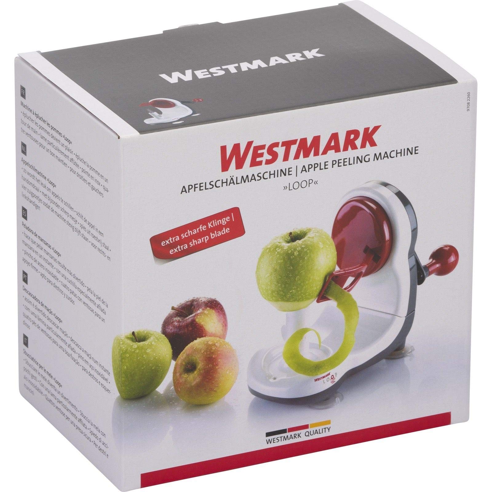Westmark Máquina peladora de manzanas, Patas con ventosa, Plástico/acero inoxidable, Loop, Blanco/gris oscuro/rojo, 97082260