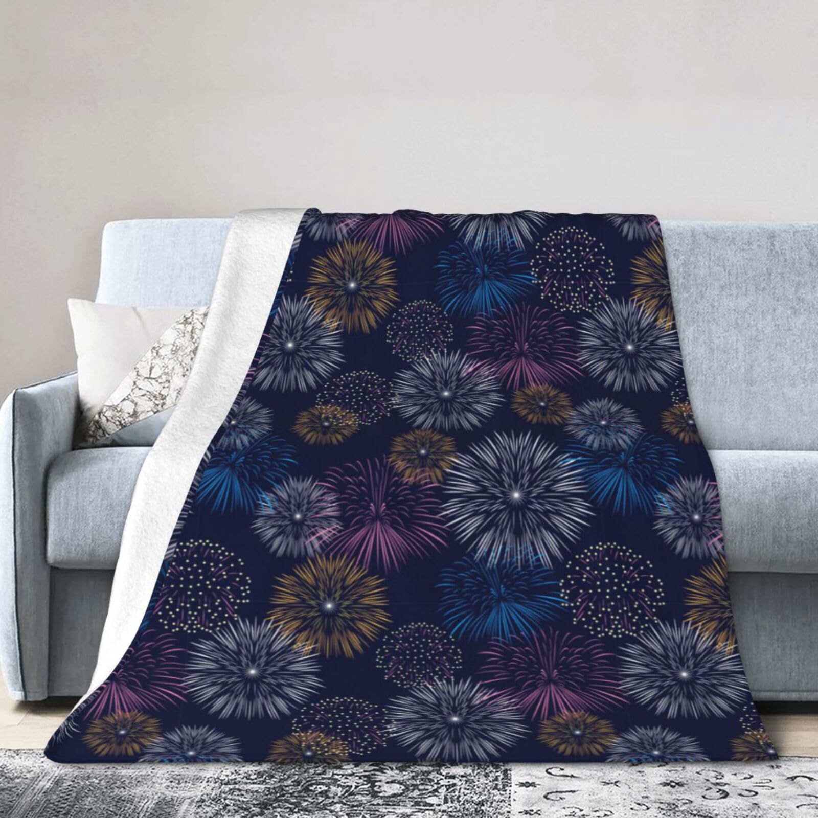Noble Ren Blue Pink Fireworks Ultra-Soft Micro Fleece Blanket Winter Warm Soft Lannel Fleece Throw Blanket For Couch Sofa Bed 40"X30"
