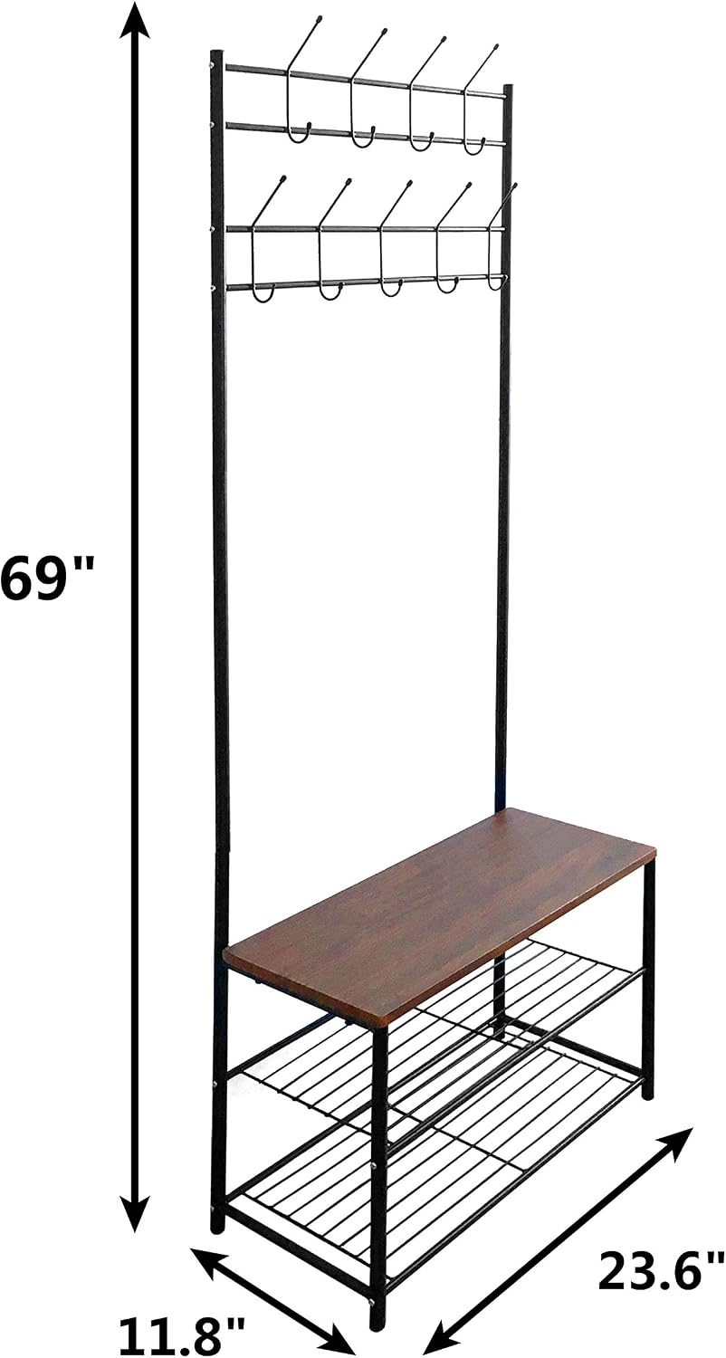 ZEYU HOME Entryway Coat Rack with Hooks Shoe Bench Hall Tree Storage Shelf Shoes Organizer (Brown)