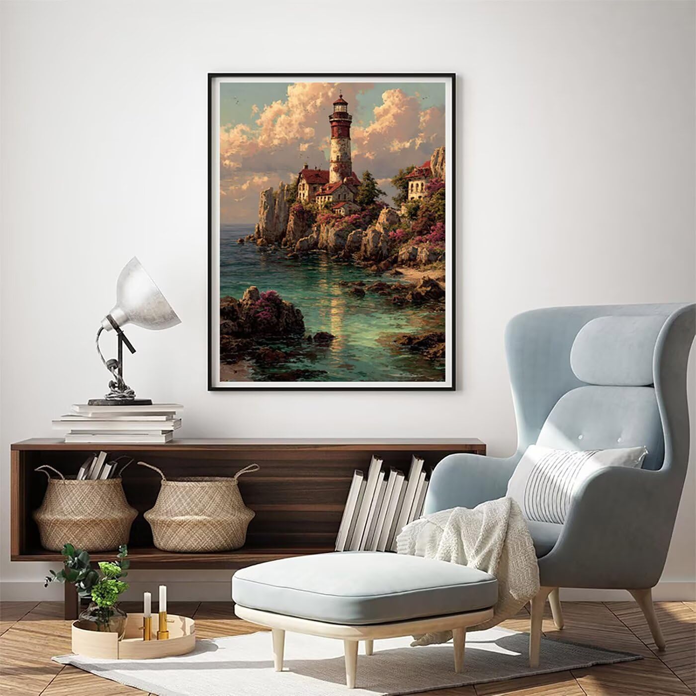 Landschaft Leuchtturm Malen Nach Zahlen Erwachsene, Paint by Numbers Adult Set, Heimwerk Malen Nach Zahlen Kinder Mit Rahmen, Pinsel und 36 Acrylfarbe Als für Deko Wohnzimmer 60 x 80 cm BJHDK445