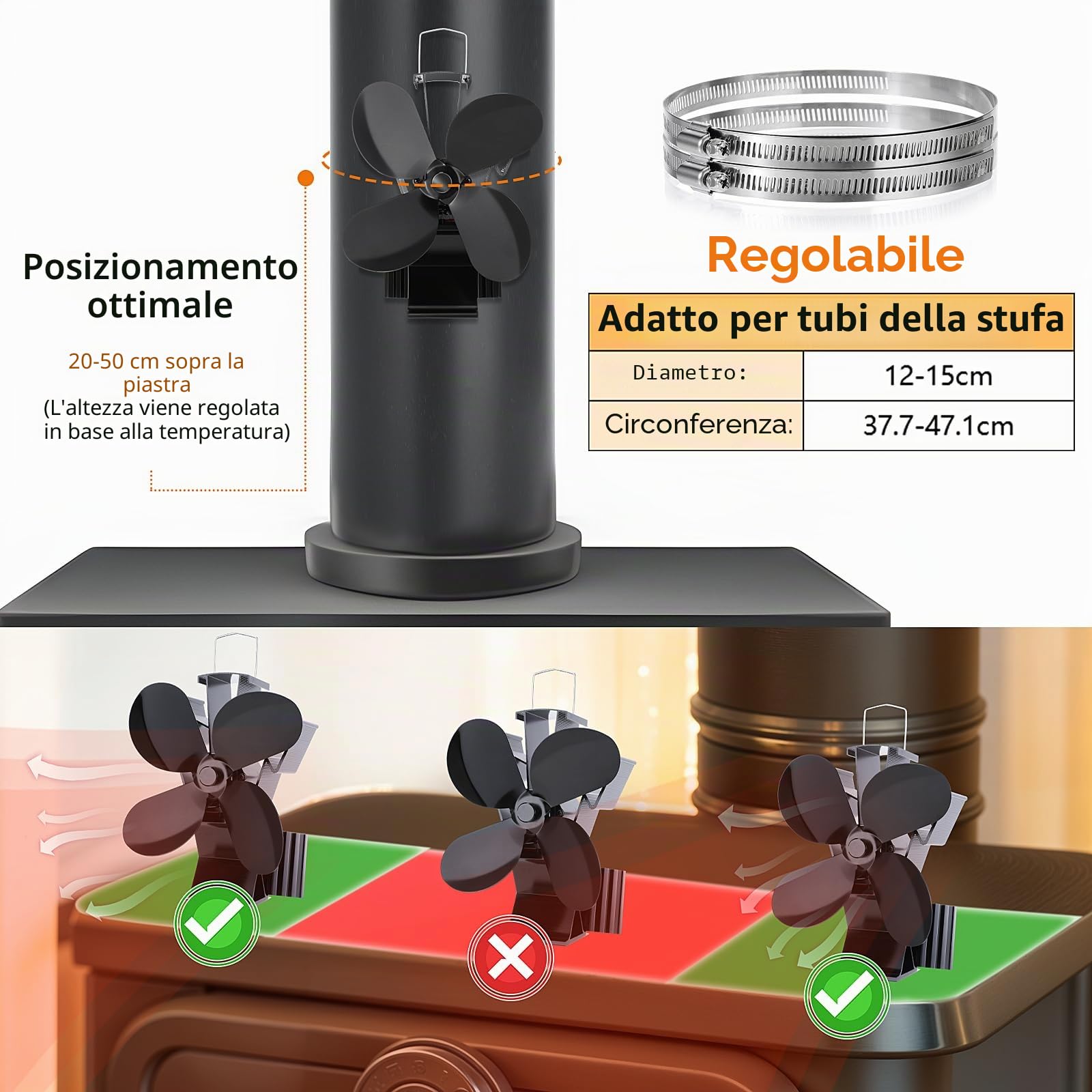 Ventilatore magnetico 3 in 1, migliorato ventilatore per stufa, senza corrente, silenzioso, con termometro e 2 anelli di ricambio, ventilatore per legna da ardere, focolare