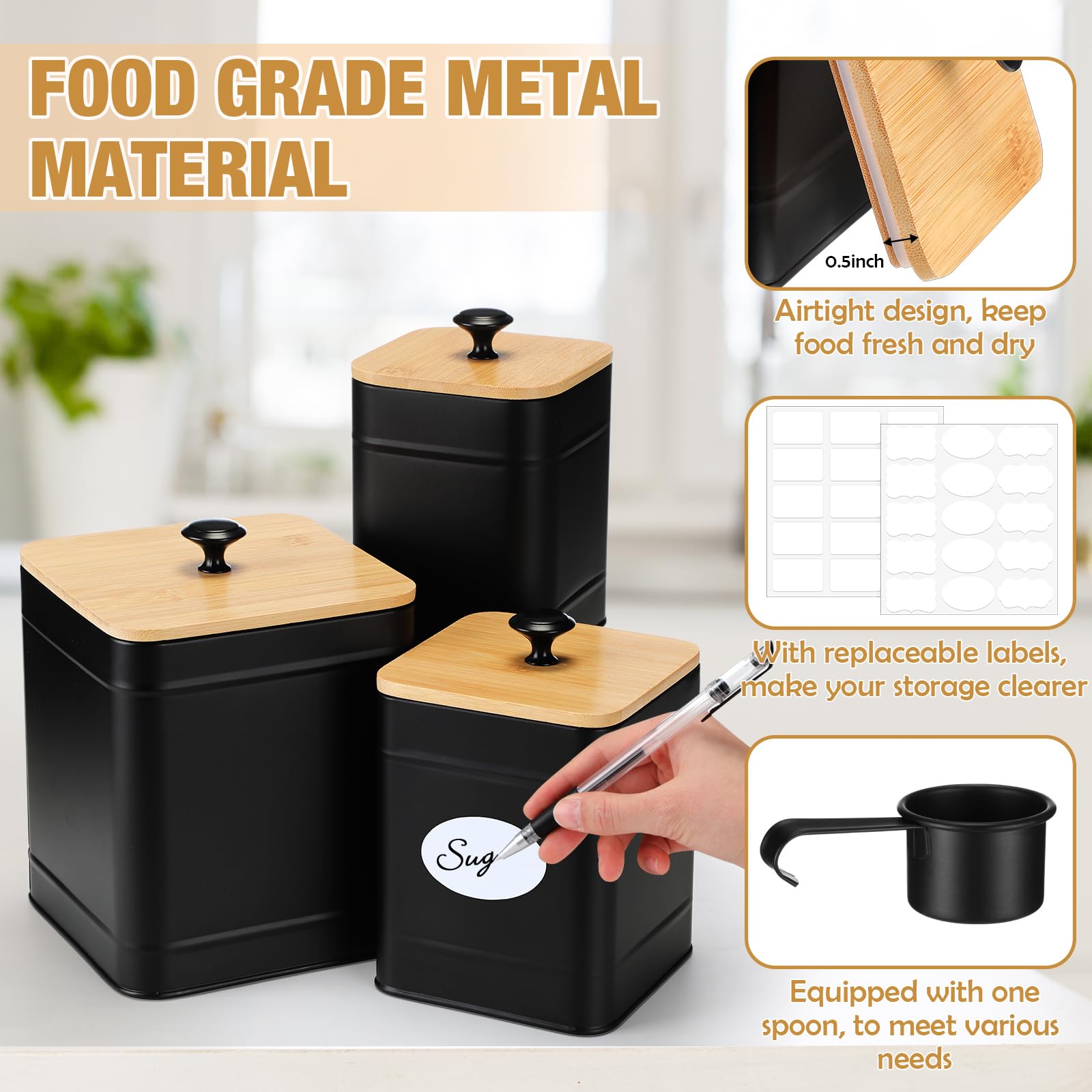 Tioncy 3 barattoli da cucina in metallo con coperchio in bambù, cucchiaio, ermetici, ad alta capacità, per caffè, tè, zucchero, farina, con etichette fai da te, contenitori extra large (nero)