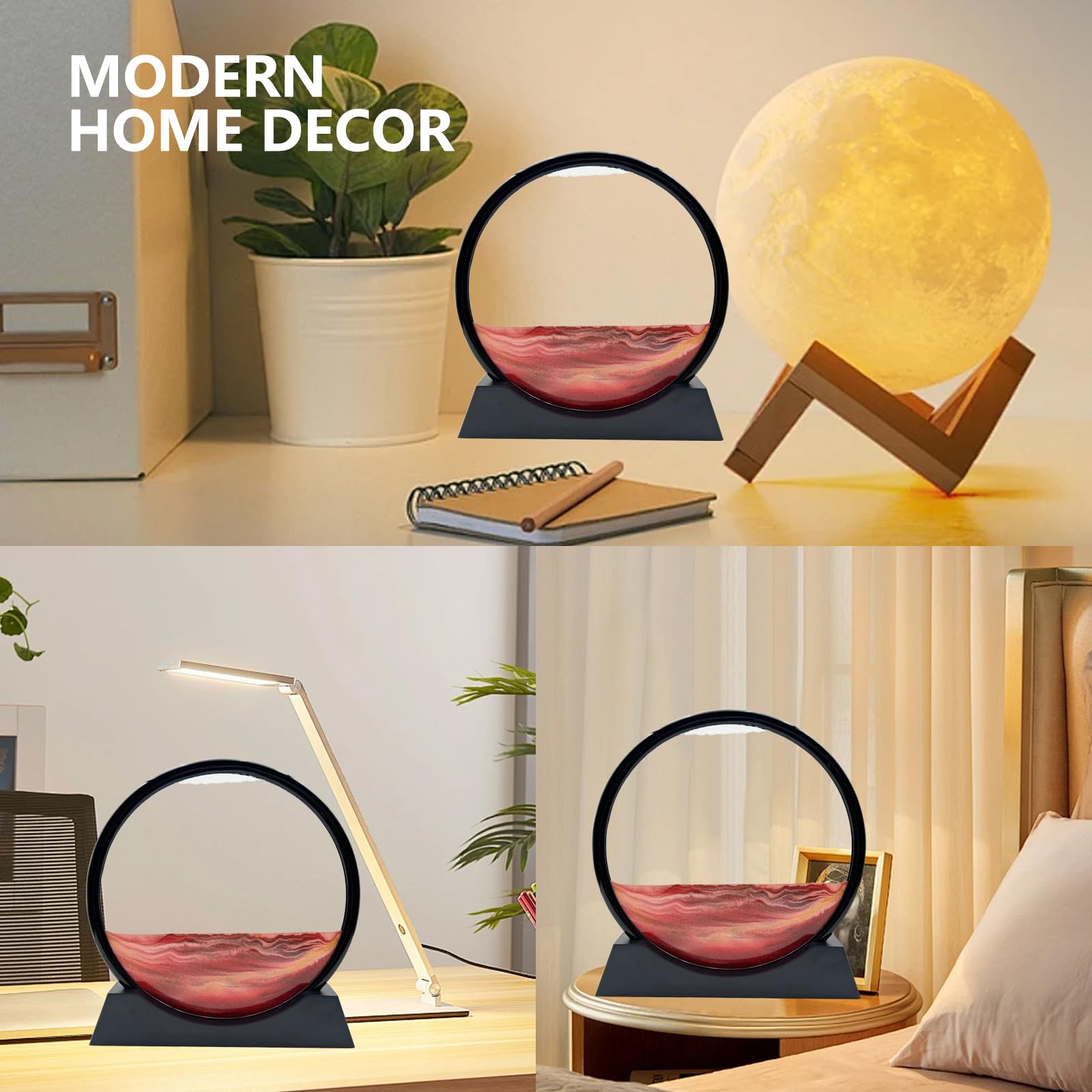 AzureLeap Peinture de Sable Mobile Cadre Sablier Art de Sable en Mouvement Sable Dynamique dans un Verre Rond Paysage 3D pour Bureau et Décoration Maison (Rouge, 12 Pouces)