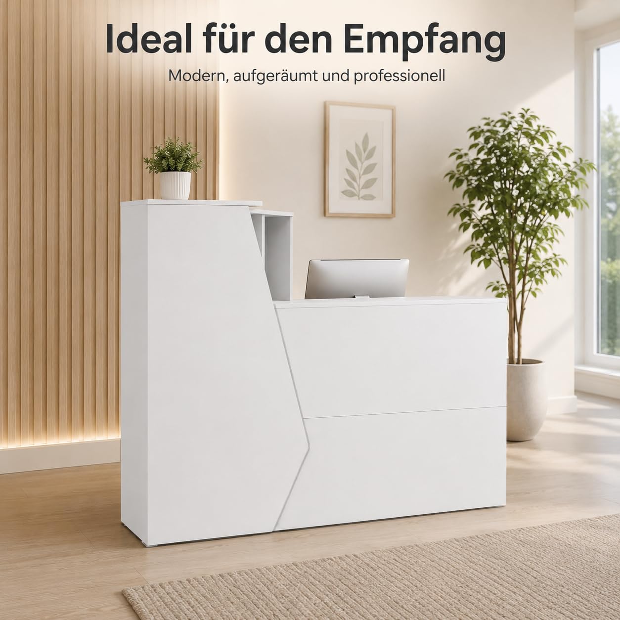 Große Empfangstheke, Empfangstresen, Bürotheke, Rezeptionstisch, Rezeptionstheke mit 1 Schubladen und 2 Einlegeböden, Empfangstheken, Rezeptionstheken mit Tastaturschublade, Weiß, 140 x 100 x 110 cm