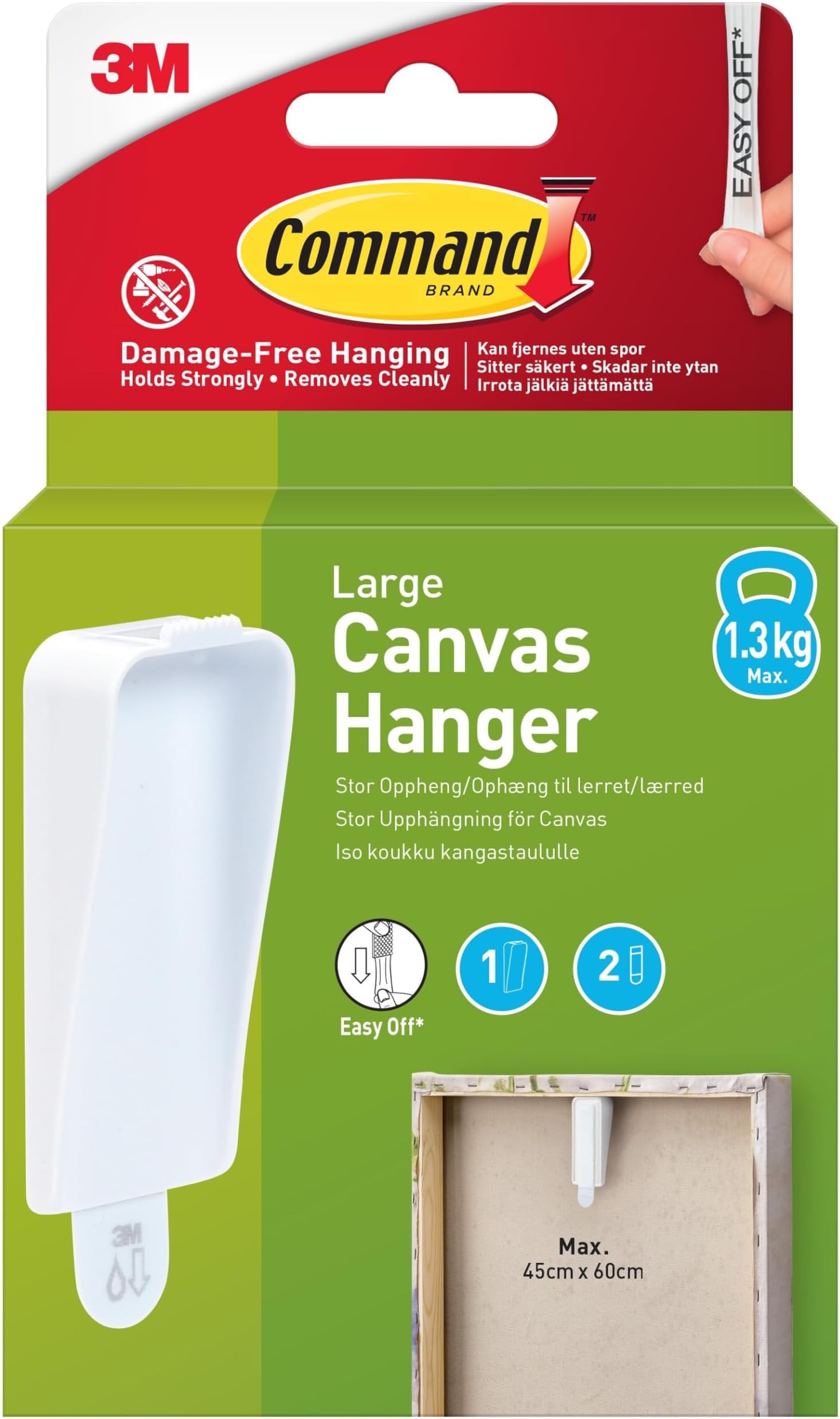 Command Large Canvas Hanger Hook, - 1 Hook and 2 Adhesive Strips, White - Damage Free Hanging - for Canvas Framed Pictures, Prints and Art - Holds up to 1.3kg