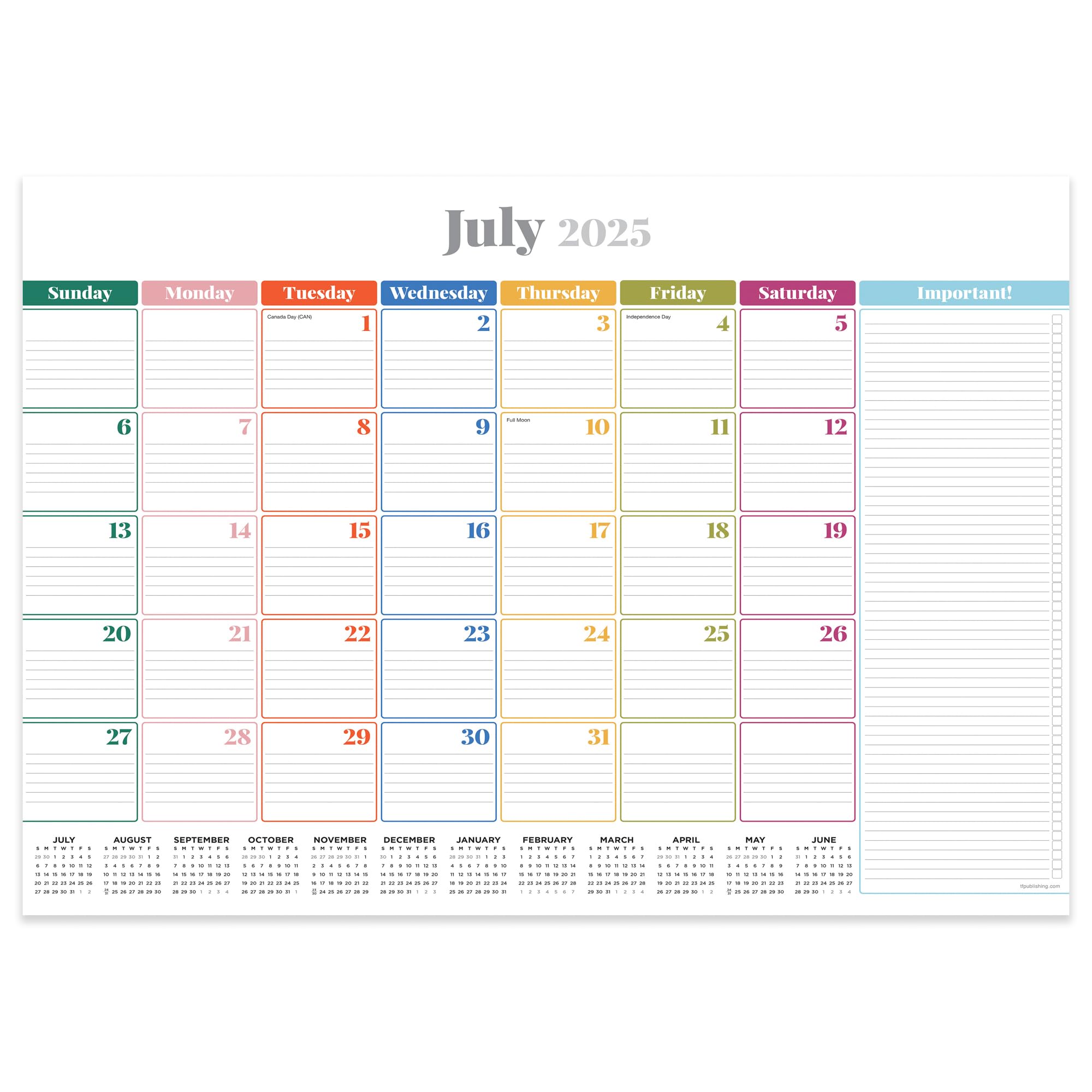 TF Publishing July 2025 - June 2026 Rainbow Blocks Medium Desk Pad Monthly Blotter Calendar with Premium Paper Tear-Off Pages - 12 Month Academic Year