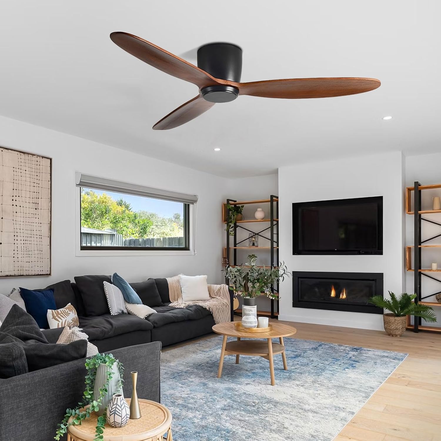 Flush Mount Ceiling Fans Low Profile Ceiling Fan No Light Walnut Wood Blades Ceiling Fans with Remote Control Modern Indoor Ceiling Fan Without Light for Bedroom, Living Room