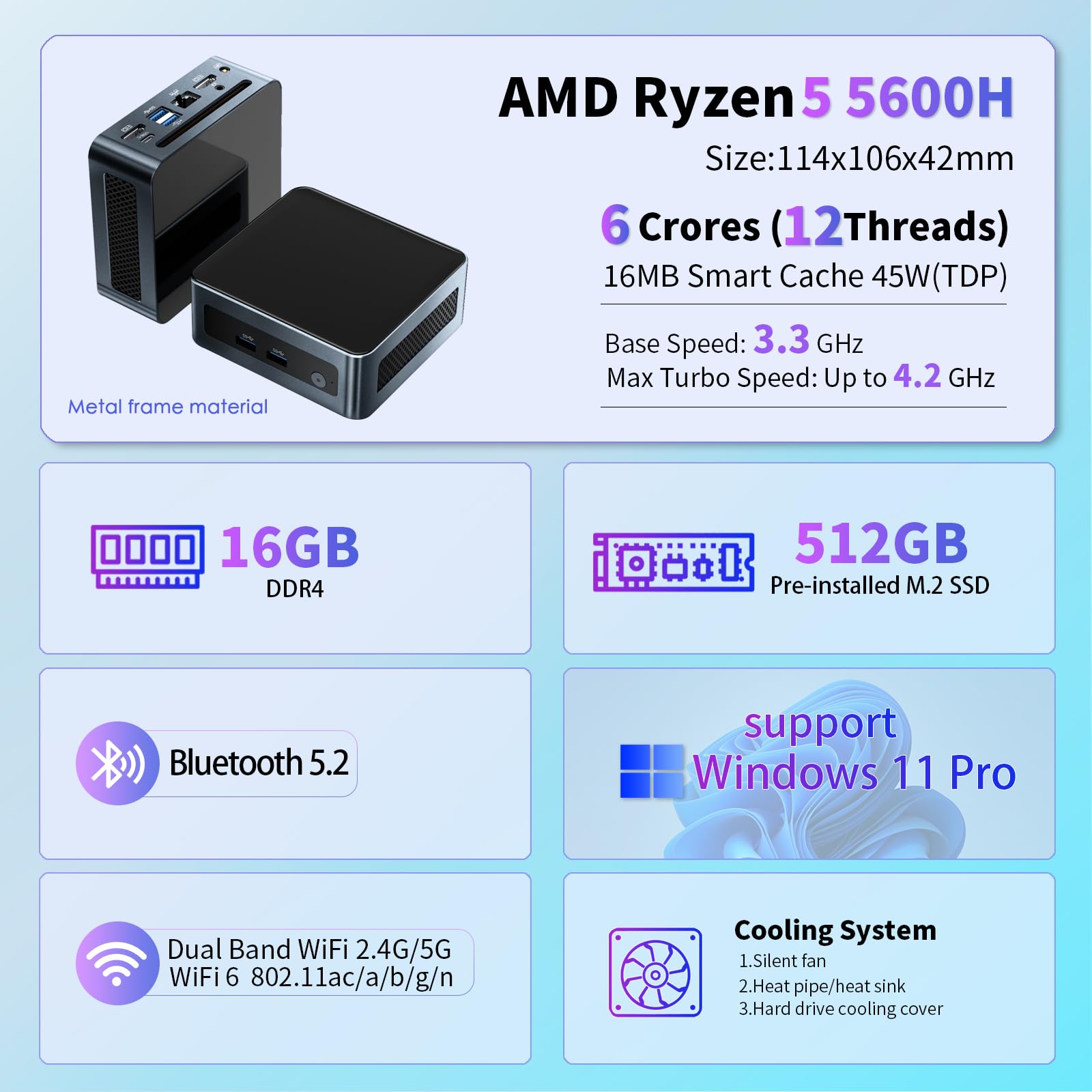 Mini PC AMD Ryzen 5 5600H - 6C/12T Up to 4.2GHz, 16GB DDR4 RAM