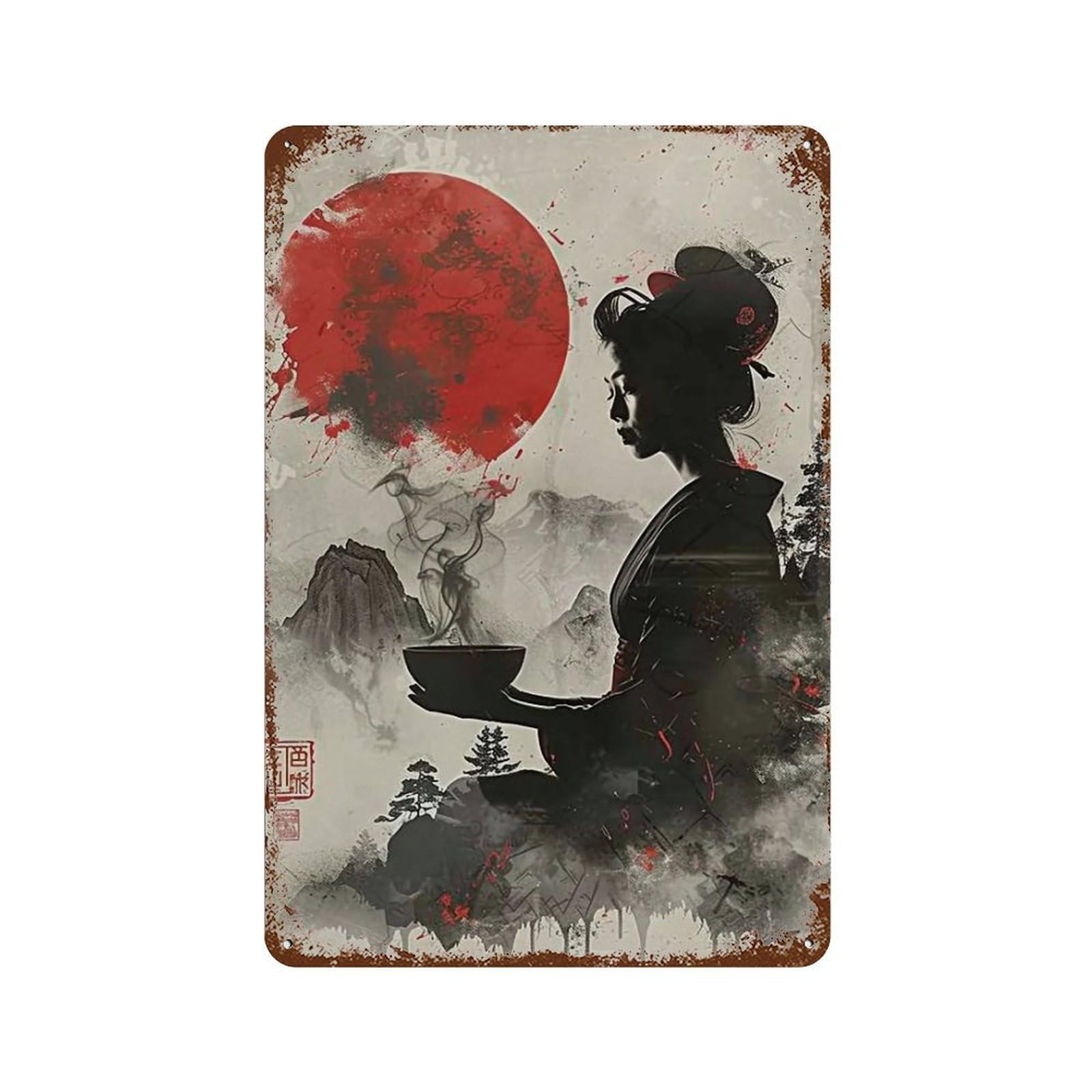 YHGERTKU Japanese Woodblock Print Zen Woman Steaming Tea 03 Wall Art Retro Iron Vintage Metal Tin Sign Poster Modern Decor for Living Rooms Gift 30x20cm